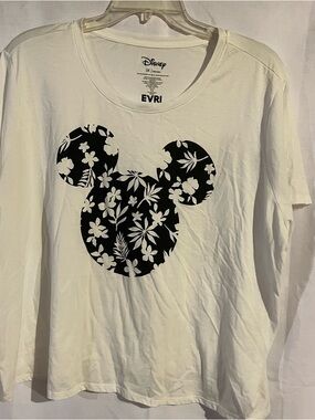 Disney White Tee with Black Floral Mickey Silhouette